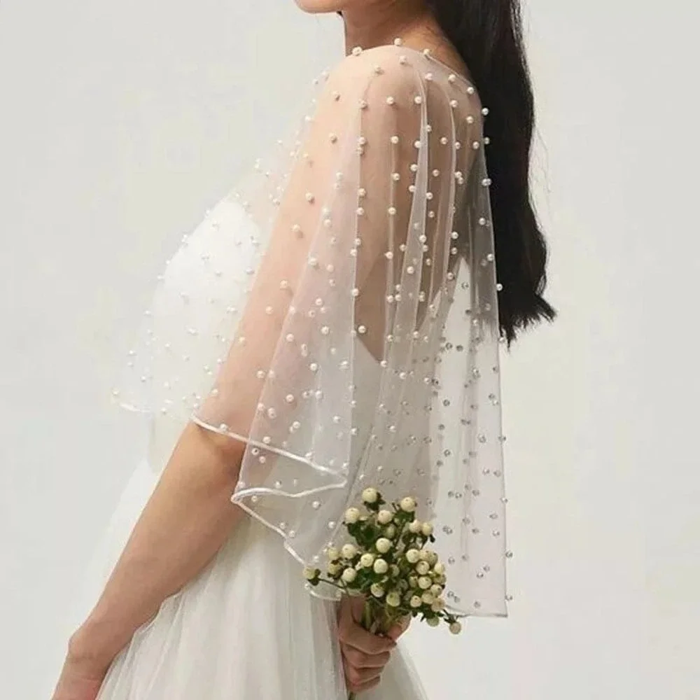White Tulle Bridal Capelet with Pearl Embellishments Wedding Shrug Sheer Wrap
